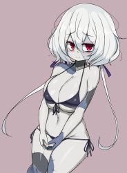 Rule 34 | 10s, 1girl, alternate breast size, bikini, black bikini, blue skin, blush, breasts, closed mouth, colored skin, curvy, front-tie bikini top, front-tie top, hair between eyes, hair ribbon, highres, konno junko, large breasts, long hair, looking at viewer, micro bikini, navel, own hands together, red eyes, ribbon, sawati, side-tie bikini bottom, solo, stitched arm, stitched face, stitched leg, stitches, sweatdrop, swimsuit, very long hair, wavy mouth, white hair, zombie, zombie land saga
