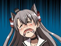 Rule 34 | 10s, 1girl, amatsukaze (kancolle), blue background, collarbone, crying, drooling, closed eyes, gloom (expression), grey hair, hair between eyes, hair tubes, head tilt, jougenmushi, kantai collection, long hair, open mouth, portrait, runny nose, sailor collar, saliva, snot, solo, tears, two side up