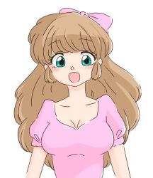 Rule 34 | 1girl, aqua eyes, artist request, blush, bow, breasts, brown hair, cleavage, female focus, long hair, looking at viewer, ranma 1/2, shiratori azusa, simple background, solo, upper body, white background