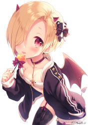 Rule 34 | 1girl, absurdres, argyle, argyle clothes, argyle legwear, between breasts, black jacket, black thighhighs, blonde hair, blush, breasts, candy, chain, cleavage, collar, collarbone, commentary request, demon girl, demon horns, demon tail, demon wings, ear piercing, food, garter straps, hair over one eye, highres, holding, holding candy, holding food, holding lollipop, horns, idolmaster, idolmaster cinderella girls, itsuki jun, jacket, leaning forward, lollipop, long sleeves, looking at viewer, off shoulder, open clothes, open jacket, piercing, purple collar, red eyes, red wings, shirasaka koume, short hair, simple background, sleeves past wrists, small breasts, solo, stuffed animal, stuffed toy, tail, teddy bear, thighhighs, tongue, tongue out, twitter username, white background, wings