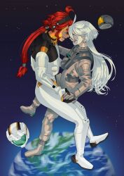 Rule 34 | 2girls, absurdres, black hairband, blue eyes, blush, bodysuit, commentary request, crying, earth (planet), eye contact, forehead-to-forehead, full body, grey bodysuit, grey eyes, gundam, gundam suisei no majo, hairband, heads together, helmet, highres, holding hands, korean commentary, long hair, looking at another, miorine rembran, multiple girls, open mouth, planet, red hair, short hair, snapagi, space, space helmet, spacecraft, spacesuit, star (sky), suletta mercury, tears, unworn headwear, unworn helmet, white bodysuit, white hair, yuri