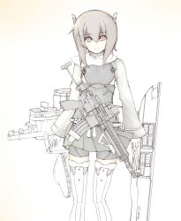 Rule 34 | 10s, 1girl, assault rifle, bad id, bad pixiv id, bike shorts, blush, boots, brown eyes, brown hair, ekuesu, flat chest, gun, h&amp;k hk416, headband, headgear, heckler &amp; koch, highres, kantai collection, looking at viewer, personification, pleated skirt, rifle, short hair, skirt, smile, solo, taihou (kancolle), thigh boots, thighhighs, weapon