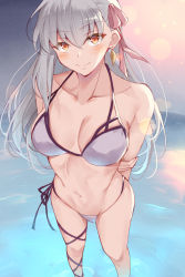 Rule 34 | 1girl, arms behind back, bare shoulders, bikini, blue eyes, blush, breasts, cleavage, collarbone, earrings, fate/grand order, fate (series), hair ribbon, highres, jewelry, kama (fate), large breasts, long hair, looking at viewer, matcha7611, ocean, partially submerged, red eyes, ribbon, silver hair, smile, standing, swimsuit, thighs, white bikini