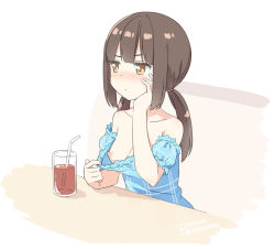 Rule 34 | 1girl, arm support, bare shoulders, bendy straw, blue dress, blush, breasts, brown eyes, brown hair, closed mouth, clothes pull, collarbone, cup, dress, dress pull, drink, drinking glass, drinking straw, flashing, hatsunatsu, head in hand, head rest, long hair, looking away, low twintails, nipples, no bra, nose blush, off-shoulder dress, off shoulder, oppai challenge, original, puffy short sleeves, puffy sleeves, pulling own clothes, short sleeves, sitting, small breasts, solo, table, twintails, v-shaped eyebrows