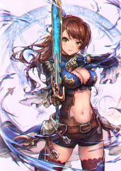 Rule 34 | 1girl, aiming, aiming at viewer, armor, beatrix (granblue fantasy), belly, belt, belt buckle, black shorts, blue footwear, boots, breasts, brown hair, brown thighhighs, buckle, chromatic aberration, cleavage, cowboy shot, crop top, eyelashes, floating hair, gauntlets, granblue fantasy, green eyes, haoni, highres, holding, holding sword, holding weapon, large breasts, long hair, looking at viewer, medium breasts, midriff, navel, outstretched arm, parted lips, pauldrons, ponytail, shorts, shoulder armor, solo, stomach, sword, thigh boots, thighhighs, turtleneck, uneven eyes, waistcoat, weapon, wide sleeves