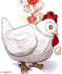Rule 34 | !, 1girl, absurdres, bird, blonde hair, breasts, chicken, commentary, dated, egg, english commentary, highres, large breasts, multicolored hair, niwatari kutaka, niwatari kutaka (chicken), open mouth, profitshame, red eyes, red hair, short hair, signature, simple background, spoken exclamation mark, touhou, two-tone hair, white background, wings
