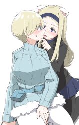 2girls aleksandra_i._pokryshkin animal_ears artist_request bear_ears black_jacket black_pantyhose blonde_hair blue_eyes blue_sweater brave_witches breasts hairband highres imminent_kiss jacket large_breasts long_hair military military_uniform multiple_girls nikka_edvardine_katajainen pantyhose short_hair simple_background sitting skirt sweat sweater white_background white_pantyhose world_witches_series yuri