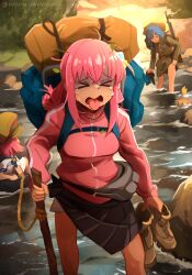 Rule 34 | &gt;o&lt;, 3girls, absurdres, animal, backpack, bag, black skirt, blue hair, bocchi the rock!, breasts, brown headwear, brown jacket, brown skirt, cane, day, dog, feet out of frame, gotoh futari, gotoh hitori, gun, highres, holding, holding cane, jacket, jimihen, khyle., large breasts, long hair, long sleeves, multiple girls, open mouth, outdoors, pink hair, pink jacket, rifle, rope, sailor collar, short hair, skirt, sweat, tongue, tongue out, water, watermark, weapon, web address, yamada ryo