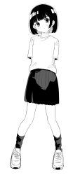 Rule 34 | 1girl, arms behind back, full body, greyscale, highres, looking at viewer, monochrome, original, pleated skirt, shirt, shoes, short hair, short sleeves, simple background, skirt, smison, socks, solo, standing, t-shirt, white background