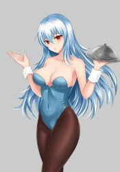 Rule 34 | 1girl, absurdres, alternate costume, bare arms, bare shoulders, blue hair, blush, breasts, brown pantyhose, cleavage, collarbone, commentary request, covered navel, cowboy shot, grey background, hair between eyes, hands up, head tilt, highres, holding, holding plate, kamishirasawa keine, large breasts, leotard, long hair, looking at viewer, no headwear, pantyhose, parted lips, plate, playboy bunny, red eyes, shiny skin, simple background, solo, standing, thighs, touhou, wrist cuffs, wuwusan