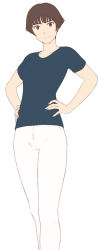 Rule 34 | 1girl, blue shirt, bob cut, breasts, brown eyes, brown hair, closed mouth, gake no ue no ponyo, graphite (medium), hands on own hips, jas (littlecrime), lisa (ponyo), looking at viewer, pants, shirt, short hair, simple background, smile, solo, standing, t-shirt, traditional media, white background, white pants