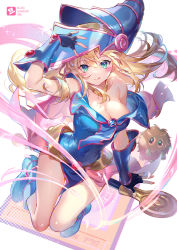 Rule 34 | 1girl, :q, aqua eyes, arm guards, arm up, bare shoulders, black gloves, blonde hair, blue dress, blue footwear, blue hat, blush stickers, boots, breasts, card, character name, cleavage, closed mouth, collarbone, covered navel, creature, dark magician girl, dress, ekita kuro, fingerless gloves, gloves, hat, highres, jewelry, knee boots, kuriboh, large breasts, long hair, looking at viewer, nail polish, necklace, pink nails, sleeveless, sleeveless dress, smile, solo, strapless, strapless dress, thighs, tongue, tongue out, very long hair, wizard hat, yu-gi-oh!