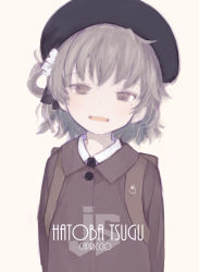 Rule 34 | 1girl, :d, artist name, backpack, bag, beret, black hat, brown background, brown eyes, brown hair, brown jacket, capriccio, character name, collared shirt, commentary request, copyright name, fangs, hair rings, hat, hatoba tsugu, head tilt, jacket, looking at viewer, mole, mole under eye, open mouth, revision, shirt, simple background, smile, solo, upper body, virtual youtuber, white shirt