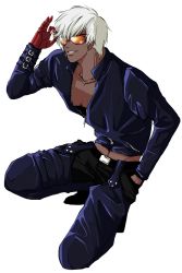 Rule 34 | 1boy, bad id, bad pixiv id, dark-skinned male, dark skin, gloves, highres, jds0326, k&#039; (kof), male focus, single glove, snk, solo, sunglasses, the king of fighters, transparent background, white hair