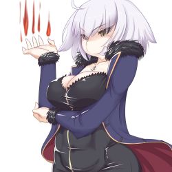 Rule 34 | 1girl, arm up, bodysuit, breasts, brown eyes, cleavage, coat, covered navel, fate/grand order, fate (series), fur trim, grin, hip focus, jeanne d&#039;arc (fate), jeanne d&#039;arc alter (fate), jeanne d&#039;arc alter (ver. shinjuku 1999) (fate), jewelry, katuhata, large breasts, necklace, official alternate costume, short hair, silver hair, simple background, smile, solo, white background