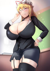 Rule 34 | 1girl, alternate costume, blonde hair, blush, breasts, chalkboard, classroom, cleavage, collar, garter straps, glasses, hand on own hip, hat, highres, huge breasts, jewelry, mob cap, modouchi output, one eye closed, pencil skirt, purple eyes, skirt, teacher, thighhighs, tongue, tongue out, touhou, yakumo yukari
