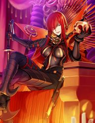 Rule 34 | 1girl, armored boots, black bodysuit, bodysuit, boots, breasts, cape, chain, crossed legs, fate/grand order, fate (series), gun, hair over one eye, highres, katana, large breasts, long hair, looking at viewer, oda nobunaga (fate), oda nobunaga (koha-ace), oda nobunaga (maou avenger) (fate), oda uri, okitakung, open mouth, popped collar, red cape, red eyes, red hair, rifle, sitting, skull, smile, solo, sword, throne, very long hair, weapon