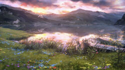 Rule 34 | absurdres, blue flower, boat, chinese commentary, cloud, cloudy sky, commentary request, flower, girls&#039; frontline, grass, highres, jetty, lake, lily pad, manha utsutsuki, mountainous horizon, no humans, official art, outdoors, purple flower, reflection, reflective water, scenery, sky, tall grass, twilight, water, watercraft, yellow flower