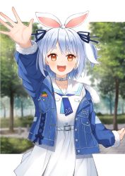 Rule 34 | 1girl, :d, arm up, belt, blue hair, blue jacket, blue neckerchief, blurry, blurry background, blush, choker, commentary request, dress, earrings, hair ribbon, highres, hololive, jacket, jewelry, letterboxed, long sleeves, mirai (mirai76 ), multicolored hair, neckerchief, open clothes, open jacket, open mouth, outdoors, outside border, red eyes, ribbon, sailor collar, short eyebrows, single earring, smile, solo, streaked hair, teeth, thick eyebrows, two side up, upper teeth only, usada pekora, usada pekora (casual), v-shaped eyebrows, virtual youtuber, white belt, white choker, white dress, white hair, white sailor collar