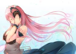 Rule 34 | 1girl, bare shoulders, bit (keikou syrup), breasts, cleavage, closed eyes, commentary request, from side, hair lift, headphones, headset, large breasts, listening to music, long hair, long skirt, megurine luka, megurine luka (vocaloid4), navel, pink hair, sideboob, skirt, solo, standing, tattoo, very long hair, vocaloid, wrist cuffs