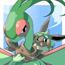 Rule 34 | :d, animal focus, antennae, black eyes, blue sky, border, brown fur, brown scarf, cloud, colored skin, commentary request, creatures (company), eevee, flygon, game freak, gen 1 pokemon, gen 3 pokemon, goggles, goggles on head, green-framed eyewear, green skin, highres, nintendo, no humans, open mouth, pokemon, pokemon (creature), scarf, shual3734, sky, smile, upper body, white border