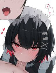 1boy 1girl absurdres bite_mark black_hair commentary ellen_joe fellatio hairband highres maid maid_headdress multicolored_hair namikare open_mouth oral penis red_eyes red_hair sharp_teeth short_hair simple_background solo_focus spiked_hairband spikes teeth tongue tongue_out two-tone_hair white_background zenless_zone_zero