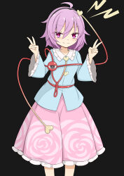 Rule 34 | 1girl, ahoge, black background, blue shirt, closed mouth, commentary, double v, floral print, heart, hekkmushi, highres, komeiji satori, long sleeves, looking at viewer, pink eyes, pink hair, pink skirt, red pupils, rose print, satori day, shirt, simple background, skirt, solo, third eye, touhou, v