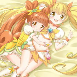 Rule 34 | 10s, 2girls, blonde hair, boots, bow, brooch, brown eyes, brown hair, choker, color connection, cure rosetta, cure sunshine, dokidoki! precure, double bun, hair bun, heart, heart brooch, heartcatch precure!, hug, jewelry, knee boots, long hair, lying, magical girl, midriff, multiple girls, myoudouin itsuki, navel, orange bow, precure, puffy sleeves, smile, tamago kago, twintails, waist bow, wrist cuffs, yellow bow, yellow eyes, yellow theme, yotsuba alice