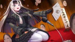 Rule 34 | 1girl, absurdres, black gloves, black hair, blue eyes, blunt bangs, cantela camp, choker, dress, fangs, folding fan, frilled dress, frilled sleeves, frills, gloves, grey hair, hand fan, highres, holding, holding fan, hololive, hololive dev is, juufuutei raden, lace, lace choker, long hair, looking at viewer, makeup, mask, microphone, multicolored hair, open mouth, pantyhose, seiza, signature, sitting, smile, solo, streaked hair, thick eyelashes, two-tone background, virtual youtuber, white pantyhose