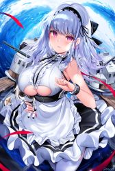 Rule 34 | 1girl, apron, azur lane, bare shoulders, black hairband, blush, breasts, closed mouth, clothing cutout, dido (azur lane), doll, dress, earrings, floating hair, frilled apron, frills, hairband, highres, holding, holding doll, jewelry, large breasts, long hair, looking at viewer, machinery, maid, maid apron, pink eyes, rigging, signature, silver hair, sleeveless, sleeveless dress, solo, thighhighs, turret, underboob, underboob cutout, waist apron, white apron, white thighhighs, zerocat