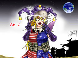 Rule 34 | 1girl, aged up, american flag, american flag legwear, american flag shirt, architecture, arrow (symbol), blonde hair, bomb, breasts, c-4, c4, clownpiece, commentary request, cowboy shot, earth (planet), east asian architecture, eighth note, english text, explosive, eyes visible through hair, fairy wings, fragmentation grenade, gloves, grenade, grenade pin, hair between eyes, hand grenade, hat, jester cap, large breasts, long hair, looking up, makeup, mk 2 grenade, music, musical note, neck ruff, open mouth, orange eyes, pen, pen-pineapple-apple-pen, planet, pointy ears, polka dot, polka dot headwear, purple gloves, purple hat, ryuuichi (f dragon), sharp teeth, singing, sky, solo, star-shaped pupils, star (sky), star (symbol), star print, starry sky, suicide bomb, symbol-shaped pupils, teeth, terrorism, touhou, wings