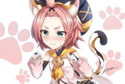 Rule 34 | 1girl, animal ear fluff, animal ears, bangs pinned back, blush, c:, cat ears, cat girl, cat tail, choker, detached sleeves, diona (genshin impact), fang, genshin impact, gloves, green eyes, hair ribbon, hat, looking at viewer, navel, paw pose, paw print, paw print background, paw print palms, pink hair, ribbon, short hair, sidelocks, signature, simple background, smile, solo, sweat, tail, thick eyebrows, v-shaped eyebrows, white background, white gloves, zxpfer