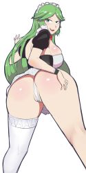 Rule 34 | 1girl, artist request, ass, bent over, blush, breasts, green eyes, green hair, highres, huge ass, huge breasts, kid icarus, looking at viewer, looking back, maid, matching hair/eyes, nintendo, palutena, partially visible vulva, presenting, simple background, solo, thighhighs