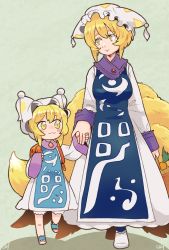 Rule 34 | 2girls, :3, aged down, animal ears, animal hat, backpack, bag, basket, blonde hair, breasts, dress, flat chest, fox ears, fox tail, full body, grey background, hat, highres, holding, holding basket, holding hands, large breasts, light smile, mob cap, multiple girls, multiple tails, mob cap, pmx, randoseru, short hair, simple background, tabard, tail, touhou, white dress, yakumo ran, yellow eyes