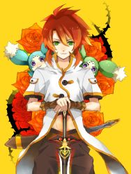 Rule 34 | 00s, 1boy, coat, creature, flower, green eyes, luke fon fabre, male focus, midriff, mieu (tales), pants, red flower, red hair, red rose, rose, shima (inukago), sidelocks, smile, sword, tales of (series), tales of the abyss, weapon, yellow background