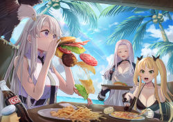 Rule 34 | 3girls, azur lane, bacon, bald eagle, bare shoulders, bikini, bikini top only, bird, black bikini, black choker, black jacket, black necktie, black sleeves, blonde hair, blue sky, breasts, burger, burger malfunction, chair, cheese, chick, chicken nuggets, choker, cleavage, closed mouth, cloud, cola, collarbone, collared shirt, commentary request, cup, day, detached sleeves, dress, eagle, eating, enterprise (azur lane), food, french fries, green eyes, grey hair, grim (azur lane), hair between eyes, holding, holding food, holding tray, hornet (azur lane), hot dog, jacket, jacket on shoulders, large breasts, lettuce, long hair, looking at another, manjuu (azur lane), meat, midriff, multiple girls, necktie, ocean, open mouth, palm tree, parted bangs, pizza, pizza slice, plate, purple eyes, shirt, sidelocks, sitting, sky, sleeveless, sleeveless shirt, smile, standing, swimsuit, table, taki tohko, teeth, tomato, tray, tree, twintails, underbust, upper body, upper teeth only, very long hair, white dress, white shirt, yorktown (azur lane)