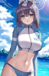 Rule 34 | 1girl, absurdres, bikini, bikini bottom only, blue archive, blue bikini, blue eyes, breasts, chelly (glisten chelly), cowboy shot, crop top, day, grey hair, halo, headgear, highres, jacket, large breasts, long sleeves, looking at viewer, medium hair, navel, official alternate costume, open mouth, outdoors, raglan sleeves, saki (blue archive), saki (swimsuit) (blue archive), solo, stomach, sunlight, swimsuit, track jacket