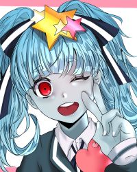 Rule 34 | 10s, aqua hair, blue skin, colored skin, commentary request, green skin, hair ornament, hair ribbon, highres, hoshikawa lily, long hair, open mouth, red eyes, ribbon, solo, star (symbol), star hair ornament, twintails, yuhwa9324, zombie, zombie land saga