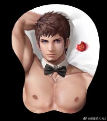 Rule 34 | 1boy, anjingkuxiao, ardbert hylfyst, bara, black bow, black bowtie, blue eyes, bow, bowtie, breast mousepad, brown hair, detached collar, final fantasy, final fantasy xiv, hyur, large pectorals, looking at viewer, male focus, mature male, mousepad, mousepad (medium), muscular, muscular male, nipples, nude, pectorals, short hair, sideburns, smile, solo, thick eyebrows, upper body