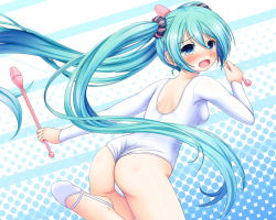 Rule 34 | 1girl, aqua eyes, aqua hair, ass, athletic leotard, back, bad id, bad nijie id, bare legs, blush, breasts, crying, crying with eyes open, floating hair, from side, gradient background, gymnastics, hair between eyes, half-soles, halftone, halftone background, hatsune miku, holding, juggling club, leaning forward, leg up, leotard, long hair, looking at viewer, looking back, nanatsuba, outstretched arm, rhythmic gymnastics, scrunchie, slippers, small breasts, smile, solo, striped, teardrop, tears, twintails, very long hair, vocaloid, wedgie, white leotard