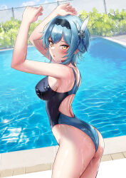 Rule 34 | 1girl, arms up, ass, black one-piece swimsuit, blonde hair, blue hair, blue one-piece swimsuit, commentary request, competition swimsuit, day, duplicate, eula (genshin impact), from behind, genshin impact, hairband, highres, looking at viewer, looking back, medium hair, one-piece swimsuit, outdoors, pixel-perfect duplicate, poolside, shirosaba, solo, swimsuit, two-tone swimsuit, water