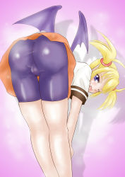 Rule 34 | 1girl, absurdres, arcana heart, artist request, ass, bat wings, bent over, bike shorts, blonde hair, examu, fangs, highres, lilica felchenerow, looking at viewer, open mouth, pointy ears, purple eyes, school uniform, shadow, skirt, twintails, upskirt, wings, wink