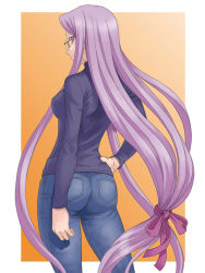 Rule 34 | 00s, 1girl, ass, denim, fate/stay night, fate (series), glasses, hand on own hip, hida tatsuo, hip focus, jeans, long hair, looking back, low-tied long hair, medusa (fate), medusa (rider) (fate), official alternate costume, pants, purple hair, solo, square pupils, very long hair