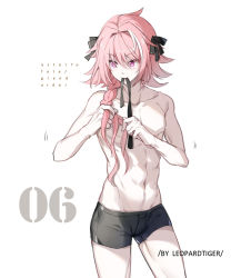 Rule 34 | 1boy, artist name, astolfo (fate), bishounen, black bow, black ribbon, bow, boxers, braid, braiding hair, buttoning, copyright name, facing viewer, fang, fate/apocrypha, fate (series), hair intakes, hair ribbon, hairdressing, leopardtiger, long braid, long hair, male focus, male underwear, messy hair, motion lines, multicolored hair, musical note, no pants, numbered, pectorals, pink hair, purple eyes, ribbon, topless male, simple background, single braid, skin fang, solo, streaked hair, toned, toned male, underwear, underwear only, white background