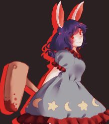 Rule 34 | 1girl, afterimage, ambiguous red liquid, animal ears, arms behind back, black background, blood, blue dress, blue skirt, breasts, dress, frilled dress, frills, hammer, head tilt, kine, legacy of lunatic kingdom, looking at viewer, mallet, orz (kagewaka), purple hair, rabbit ears, red eyes, seiran (touhou), short sleeves, simple background, skirt, smile, solo, star (symbol), star print, touhou