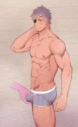 Rule 34 | 1boy, abs, ass, bara, blush, boxer briefs, bulge, collarbone, cowboy shot, crotch grab, disembodied hand, dripping, eyepatch, facial hair, from side, goatee, hand on own neck, hand up, highres, kiyoshi (tsuzura802807), leg hair, light smile, looking at viewer, male focus, male underwear, muscular, muscular male, navel, nipples, original, parted bangs, pectorals, purple hair, scar, scar on arm, scar on chest, short hair, solo focus, standing, twisted torso, underwear, underwear only