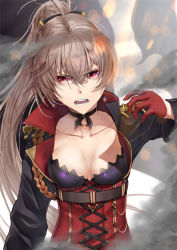 Rule 34 | 1girl, aiguillette, azur lane, black choker, black jacket, breasts, choker, cleavage cutout, clothing cutout, corset, cropped jacket, gloves, hair between eyes, high collar, highres, jacket, jean bart (azur lane), light brown hair, long hair, looking at viewer, ponytail, red corset, red eyes, red gloves, small breasts, solo, teeth, upper body, very long hair, zombie mogura