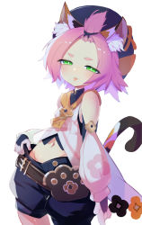 Rule 34 | 1girl, :p, adjusting clothes, adjusting shorts, animal ear fluff, animal ears, bag, bangs pinned back, bell, belt, black shorts, cat ears, cat tail, commentary request, detached sleeves, diona (genshin impact), forehead, genshin impact, gloves, green eyes, groin, hat, highres, jingle bell, long sleeves, looking at viewer, midriff, navel, paw print, pink hair, puffy detached sleeves, puffy shorts, puffy sleeves, pulled by self, pulling, short hair, shorts, sidelocks, simple background, solo, tail, thick eyebrows, tongue, tongue out, white background, white gloves, yuto177
