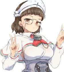 Rule 34 | 1girl, alchera, blunt bangs, breasts, brown eyes, brown hair, chain, commentary request, content rating, double v, eyewear strap, frown, glasses, gold chain, headgear, kantai collection, large breasts, medium hair, roma (kancolle), sideboob, simple background, sketch, solo, sweatdrop, upper body, v, white background