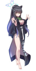 Rule 34 | 1girl, animal ear fluff, animal ears, barefoot, black dress, black gloves, black hair, blue archive, breasts, bridal gauntlets, china dress, chinese clothes, clothes pull, dress, dress pull, elbow gloves, feet, full body, gloves, green eyes, highres, keyfanjun, large breasts, legs, long hair, no panties, ponytail, pulling own clothes, shun (blue archive), side slit, smile, solo, thighs, tiger ears, tiger girl, toes